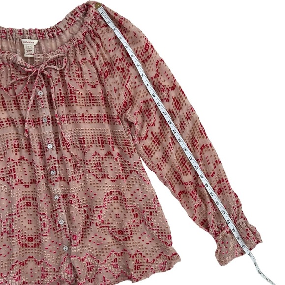 Sundance Cream Red Silk Velvet Burnout Peasant Sheer Button Blouse Size L - Picture 8 of 10